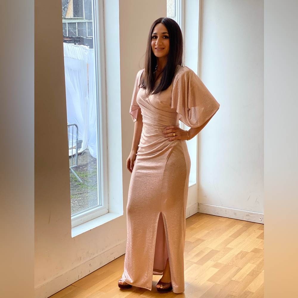 Eliza J Ruched Metallic Gown